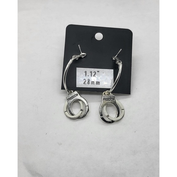 Freedom from handcuffs charmed hoop earrings. 1.12"  NA AA CA Recovery Jail - Picture 2 of 5